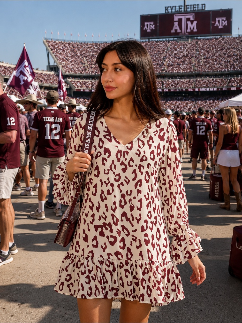 NWT Aggieland TYCHE Wine Maroon Creme Leopard Ruffle Cuff Mini Dress M Texas A&M